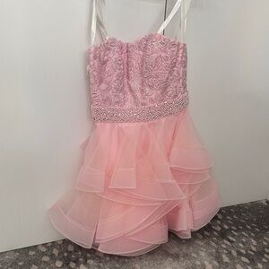 Jovani Pink Layered Tulle Party Dress with Beaded Waist